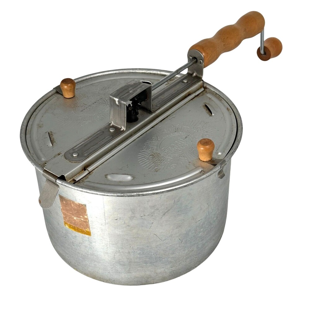 Genuine Pro Popper Hand Crank Popcorn Maker Stovetop Pot Aluminum Wood Handle